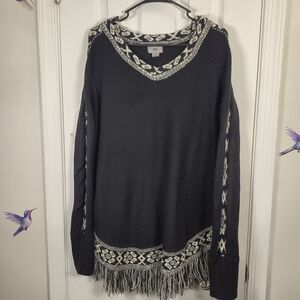 NWT YAIRA Black Boho Fringe Fair Isle Knit V-Neck Sweater L/XL Cozy Festival Top